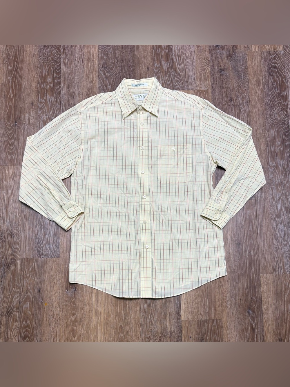 Orvis Men's Cream Button-Down Plaid Shirt with Red & Green Lines